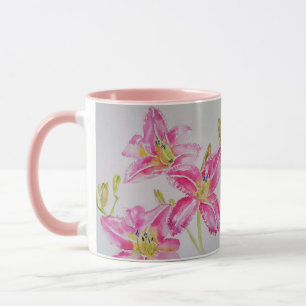Rosa Lilien-Blumen-Floral-Lilium-Aquarell-Kunst-Ta Tasse