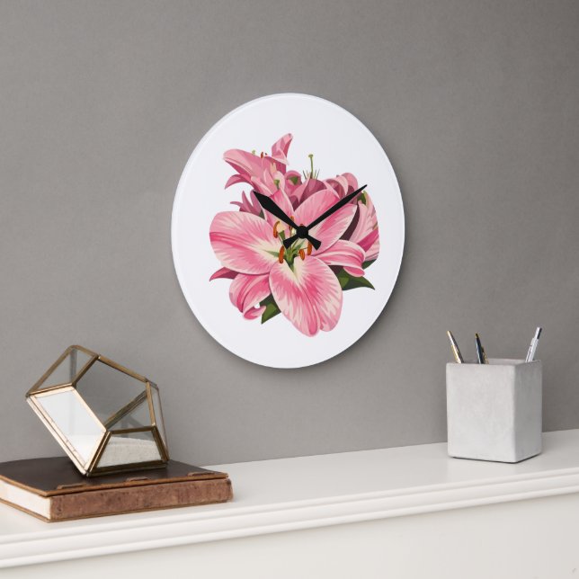 Rosa Lilien Blumenstrauß Große Wanduhr (Büro)