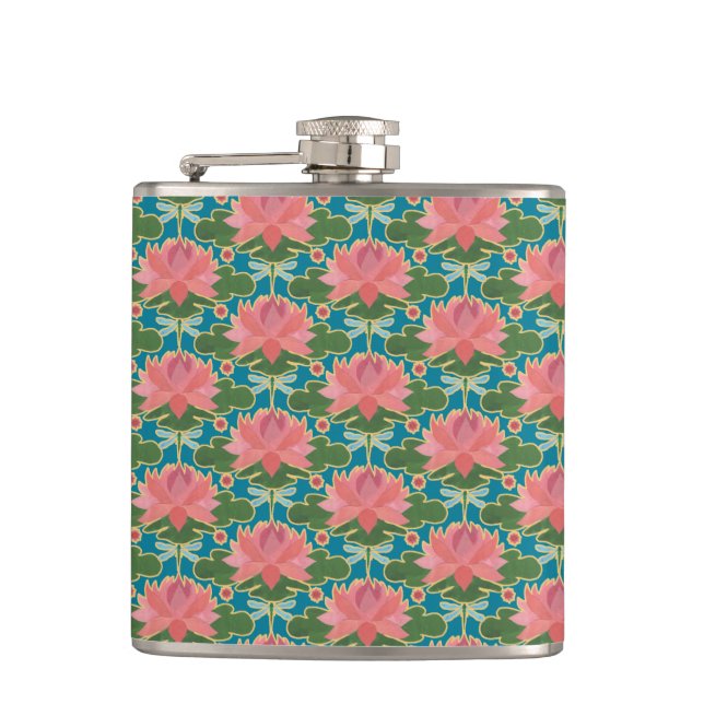 Rosa Lilien und Libellen Hip Flask Flachmann (Vorderseite)