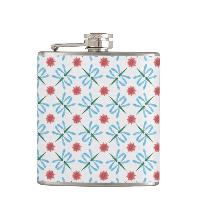 Rosa Lilien und Libellen Hip Flask Flachmann (Vorderseite)