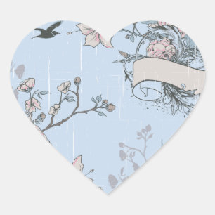 Rosa Lilien und Rose im asiatischen Stil auf Blue Herz-Aufkleber