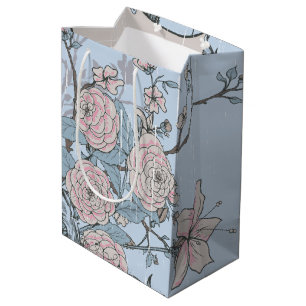 Rosa Lilien und Rose im asiatischen Stil auf Blue Mittlere Geschenktüte