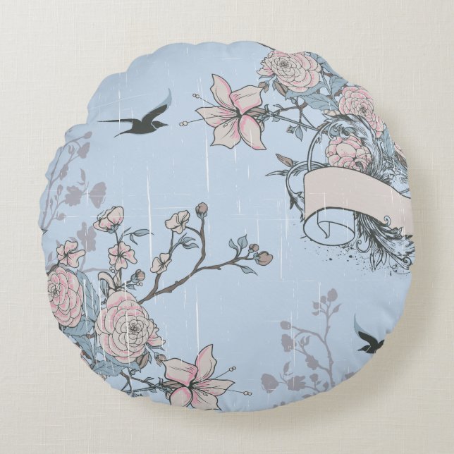 Rosa Lilien und Rose im asiatischen Stil auf Blue Rundes Kissen (Vorderseite)