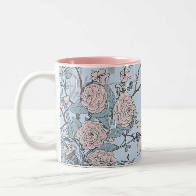Rosa Lilien und Rose im asiatischen Stil auf Blue Zweifarbige Tasse (Links)