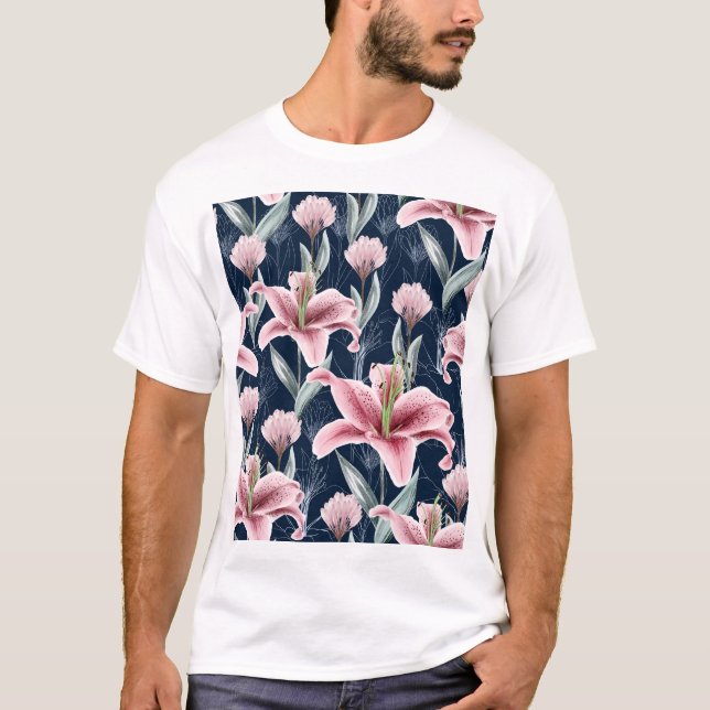Rosa Lilly Blume Nahtloses Muster. T-Shirt (Vorderseite)