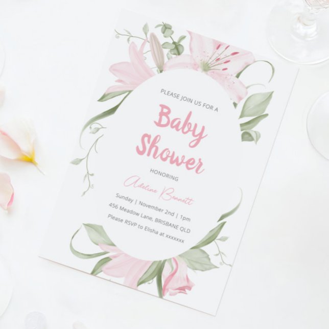Rosa Lily Blume Grüne Blätter Kinderdusche Einladung (Von Creator hochgeladen)