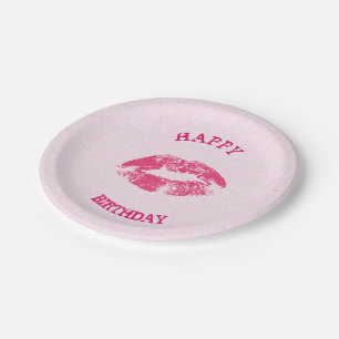 Rosa Lippen auf rosa Damaske - Happy Birthday Pappteller