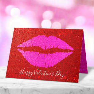 Rosa Lippen Frohen Valentinstag Rot Glitter Fett Feiertagskarte
