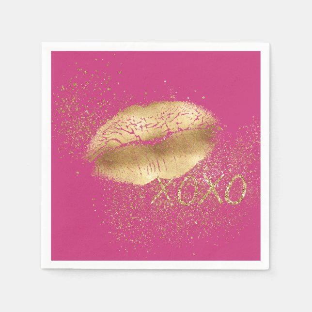 Rosa Lippen Kiss Gold Glitzer XOXO Serviette (Vorderseite)