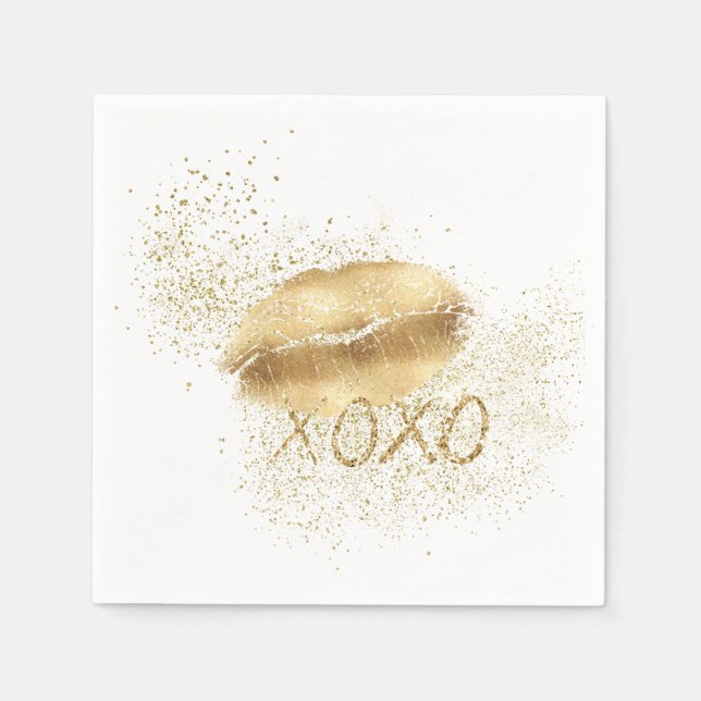 Rosa Lippen Kiss Gold Glitzer XOXO Serviette (Vorderseite)