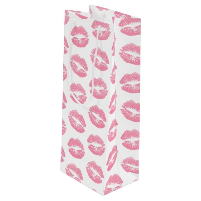 Rosa Lippen, Lippenmuster, rosa Lipstick, Kuss Geschenktüte Für Weinflaschen (Rückseite Schrägansicht)