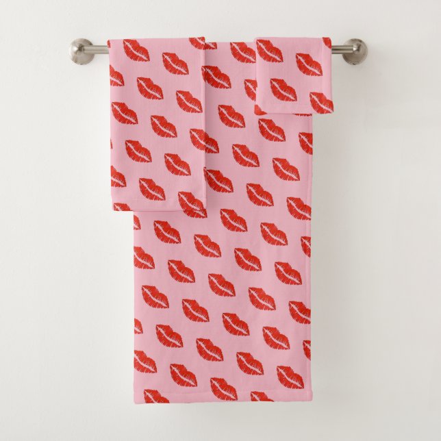 Rosa Lippen Lipstick Kiss Print Liebe Valentine Badhandtuch Set (Insitu)