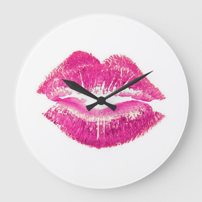 Rosa Lippen Lipstick Kiss SWAK Klassischer Rundsti Große Wanduhr (Vorderseite)