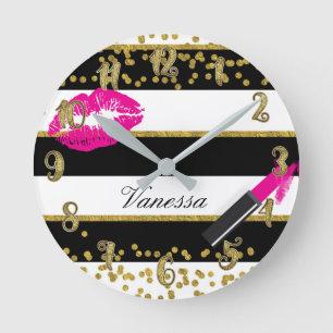 Rosa Lippenlippenstift-Kuss-GoldGlamour-ZauberChic Runde Wanduhr
