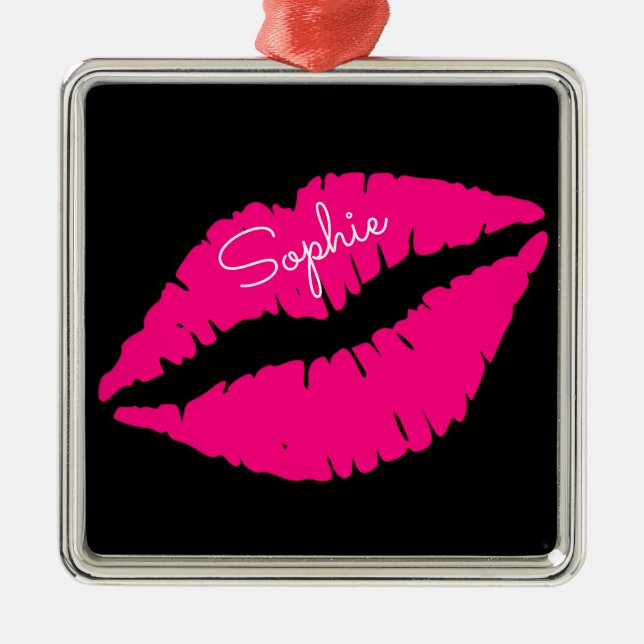 Rosa Lippenstift Kiss Pop Art persönlicher Name Ornament Aus Metall (Vorne)