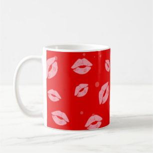 Rosa Lippenstift Küsse auf rotem Hintergrund Muste Kaffeetasse