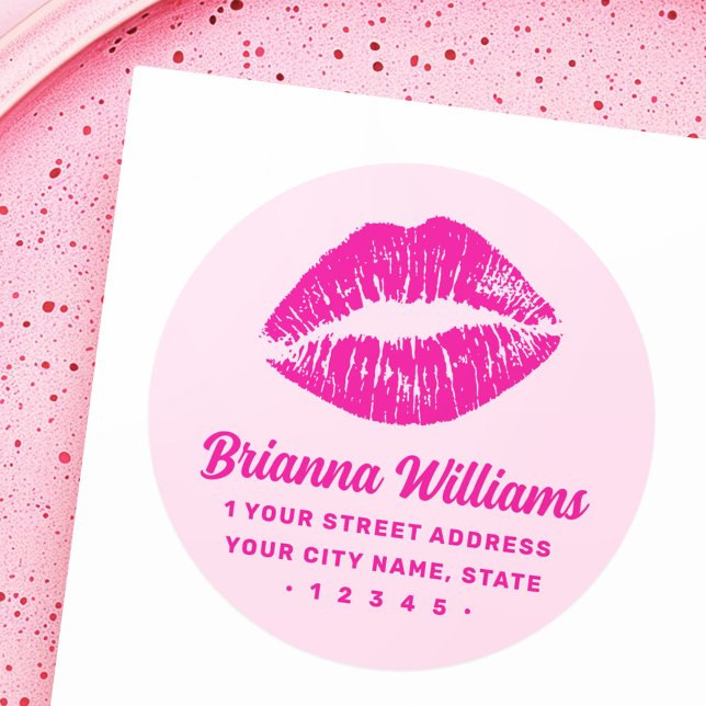 Rosa Lippenstift-Markierung Retro-Rücksendeadresse Runder Aufkleber (Pink lipstick mark retro return address classic round sticker)
