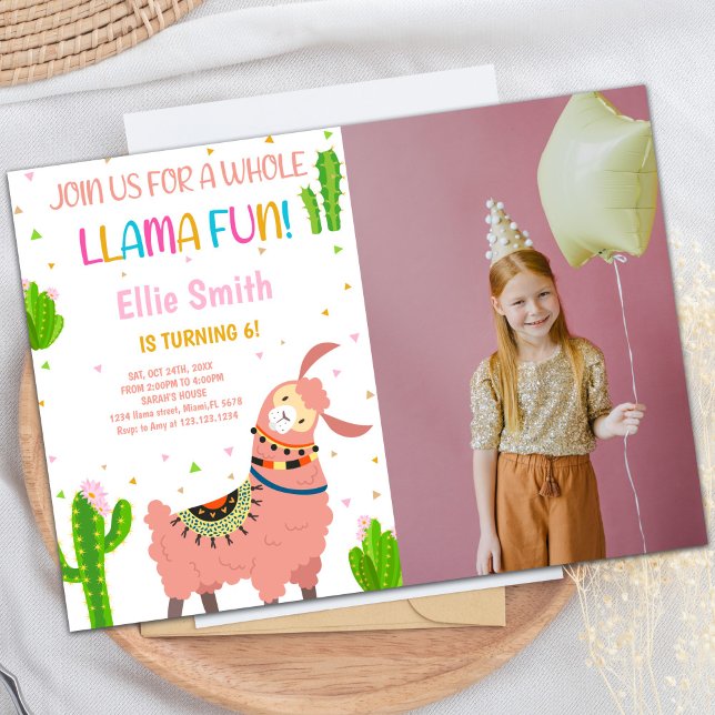 Rosa Llama Geburtstagseinladungen mit Foto Einladung (Pink Llama Birthday Invitations with photo)