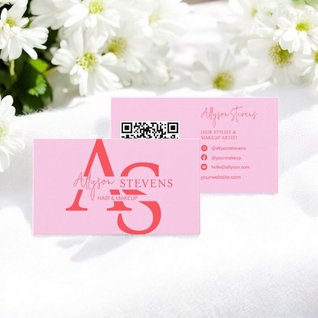 Rosa Logo-Initialen Haarschminke qr-Code Visitenkarte (Logo pink initials hair makeup qr code business card)