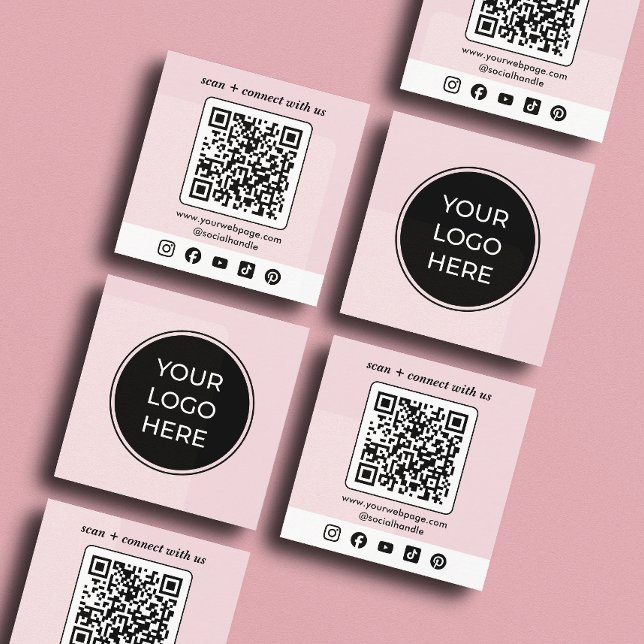 Rosa Logo QR Code Custom Social Media Quadratische Visitenkarte (Front and back of 2.5 inch square business card. Choose a corner and paper style.)
