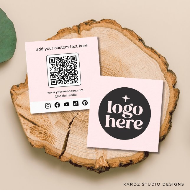 Rosa Logo QR Code Custom Social Media Quadratische Visitenkarte (Add logo, customize social media icons, and enter URL to create QR code. Choose paper + corner style)