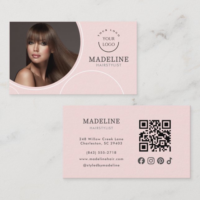 Rosa Logo QR Code Foto Haarstylist Visitenkarte (Vorne/Hinten)