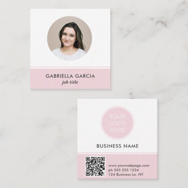 Rosa Logo QR Foto Square Business Card Quadratische Visitenkarte (Vorne/Hinten)