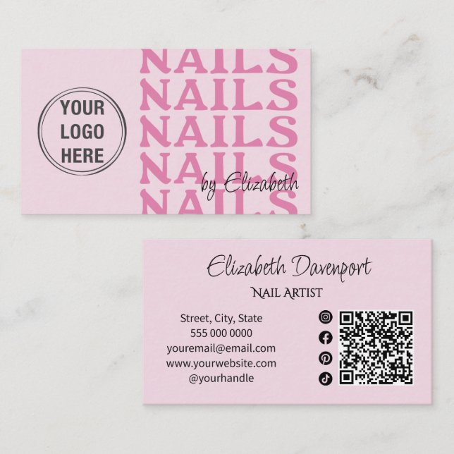 Rosa Logo Social Icon QR-Code Nagelstudio Visitenkarte (Vorne/Hinten)