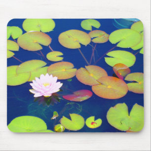 Rosa Lotos-Blume, die mit Lilienauflagen auf Teich Mousepad