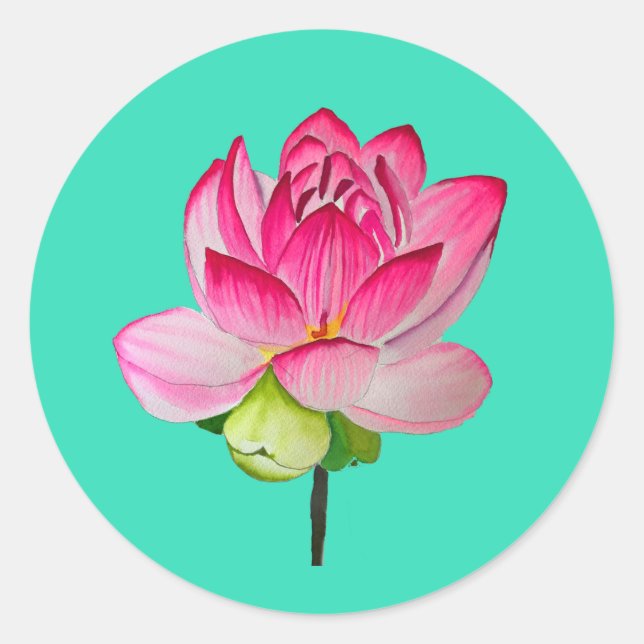 Rosa Lotus Blume Aquarell Kunst Runder Aufkleber (Vorderseite)