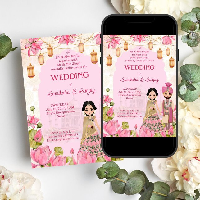 Rosa Lotus Blume Garlands Laterne Indianerhochzeit Einladung (Pink Lotus flowers garlands lantern Indian wedding editable template Invitation digital download)