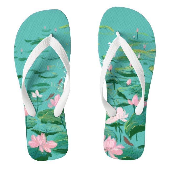 Rosa Lotus Blume Grüne Blätter Blumengarten Gedreh Flip Flops (Fußbett)