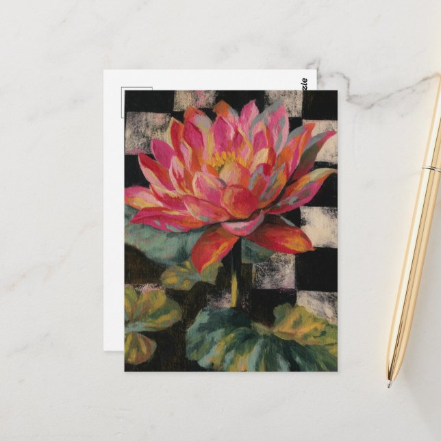 Rosa Lotus-Blume im Hintergrund des Prüfplatzes Postkarte (Vorderseite/Rückseite Beispiel)