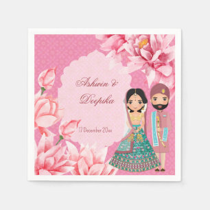 Rosa Lotus-Blume mit niedlichem indischem Brautpaa Serviette