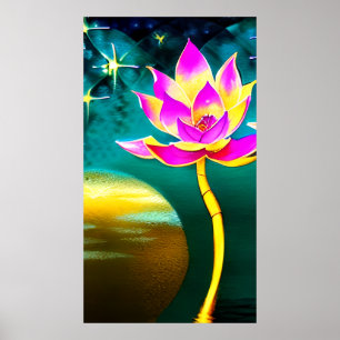 Rosa Lotus-Blume mit Reflektion über den Mond Poster