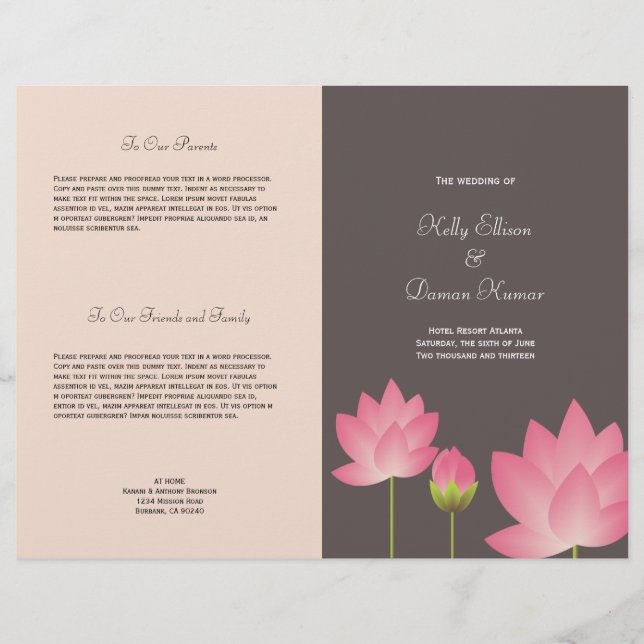 Rosa Lotus Blume Modernes graues Hochzeitsprogramm (Vorderseite)