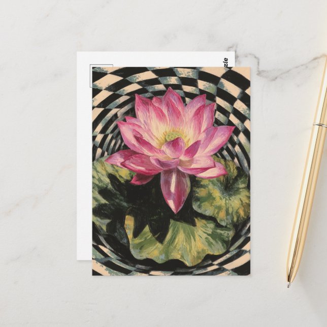 Rosa Lotus Blume Schwarz-weiß Surreal Postkarte (Vorderseite/Rückseite Beispiel)