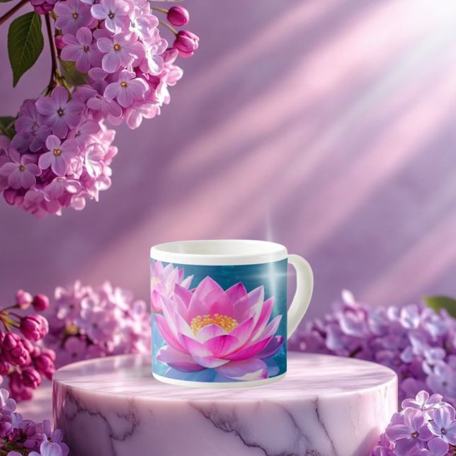 Rosa Lotus-Blume schweben auf Kristallblau Espressotasse (Von Creator hochgeladen)