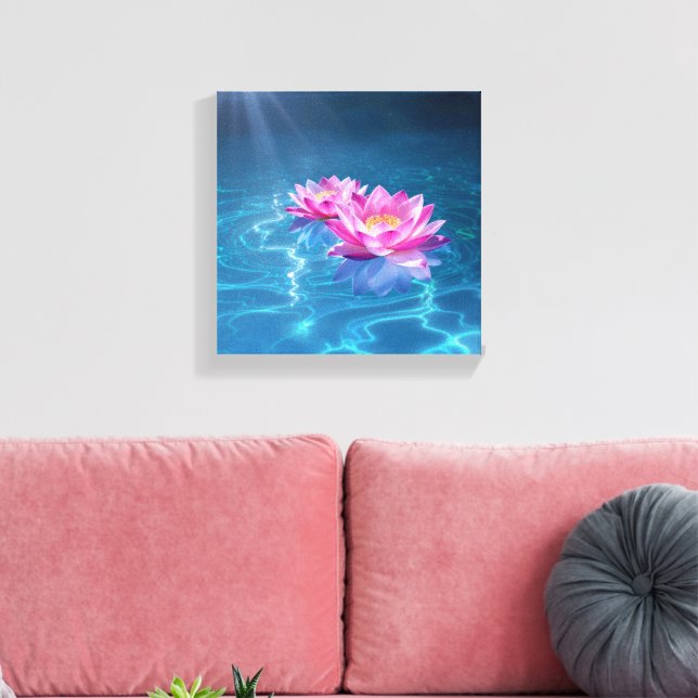Rosa Lotus-Blume schweben auf Kristallblau Leinwanddruck (Insitu (Wohnzimmer))