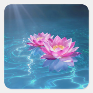 Rosa Lotus-Blume schweben auf Kristallblau Quadratischer Aufkleber