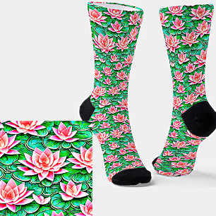 Rosa Lotus-Blume Stehend auf grünen Blätter Socken