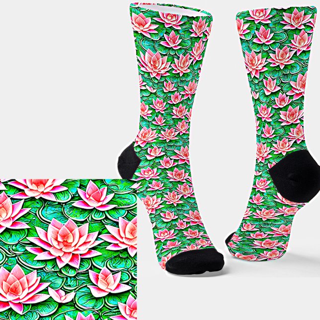 Rosa Lotus-Blume Stehend auf grünen Blätter Socken (Von Creator hochgeladen)