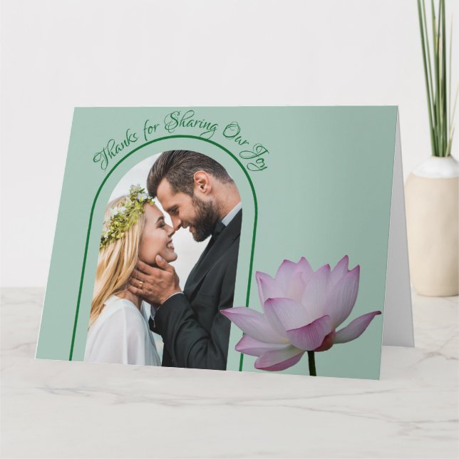 Rosa Lotus Blume und Grüne Hochzeit Dankeskarte (Vorderseite)