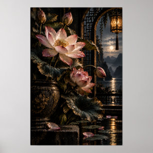 Rosa Lotus-Mondlicht-Laternen-Garten-Wandkunst Poster