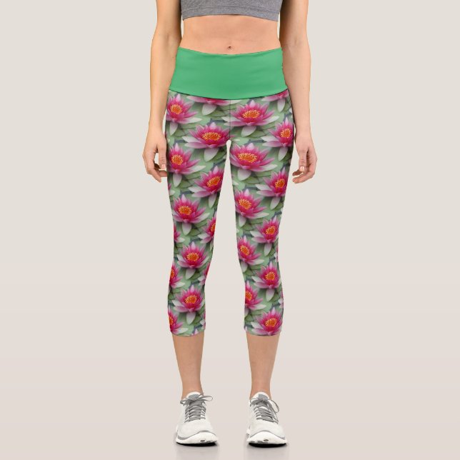 Rosa Lotus Wasserlilie Hoher Wasserhahn Capri Leggings (Vorderseite)