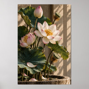 Rosa Lotusblüten und Samenkapseln Botanische Wandk Poster