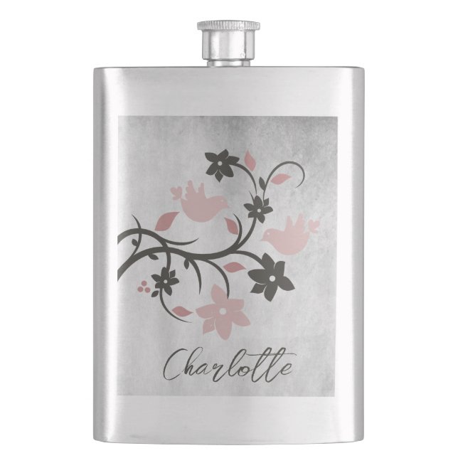 Rosa Lovebirds Personalisiert Flask Flachmann (Vorderseite)