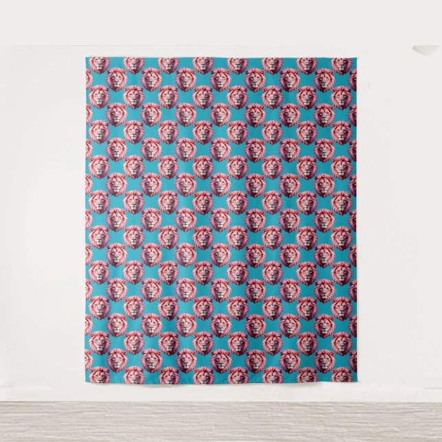 Rosa Löwenkopf-Tiermuster-Design Blau  Wandteppich (Vorderseite)