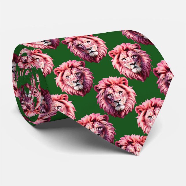 Rosa Löwenkopf-Tiermuster-Design Grün Krawatte (Von Creator hochgeladen)