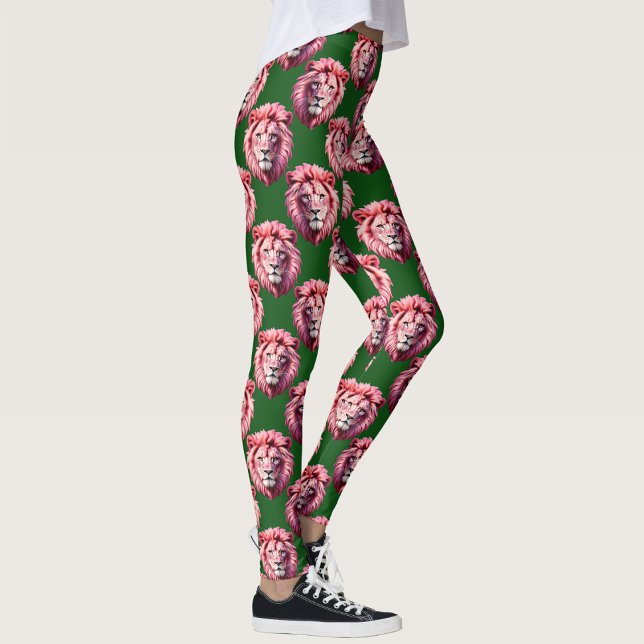 Rosa Löwenkopf-Tiermuster-Design Grün Leggings (Von Creator hochgeladen)